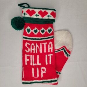 Vintage Knit Christmas Stocking "Santa Fill It Up" Made In Taiwan Mid Century